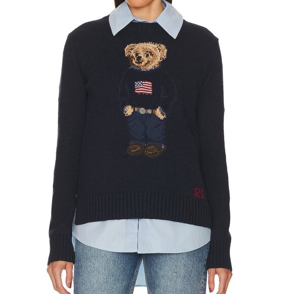 Polo Ralph Lauren Bear Pullover Sweater in Navy Dark Blue Multi Crewneck XS - Picture 1 of 4